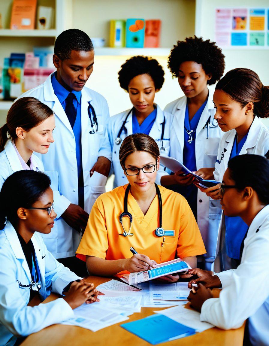 A serene and hopeful scene depicting a diverse group of medical professionals collaborating with a patient, surrounded by vibrant resources like pamphlets and digital devices displaying information about cancer care strategies. The setting should evoke a sense of support and empowerment, with symbols of resilience like a blooming flower or a guiding compass in the background. soft lighting. super-realistic. vibrant colors.