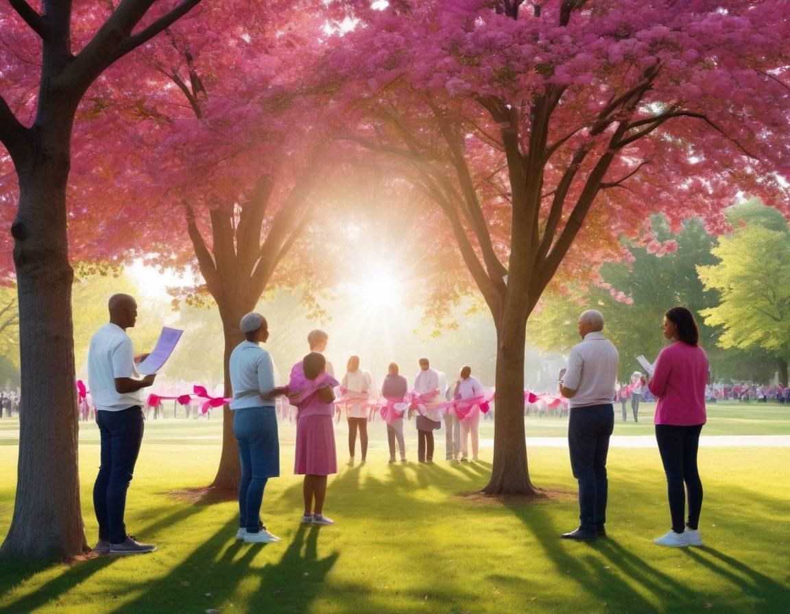 A diverse group of people gathered in a vibrant park, engaging in a supportive discussion about cancer awareness. Include symbols of hope such as ribbons and flowers, alongside educational materials like pamphlets and banners promoting cancer advocacy. Capture a warm, inclusive atmosphere with sunlight filtering through trees. super-realistic. vibrant colors. white background.