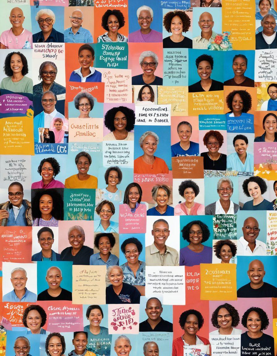 A collage showcasing diverse cancer survivors sharing their stories, with a backdrop of a supportive community and essential resources like pamphlets and helplines. Include warm, uplifting colors and symbols of hope such as ribbons and flowers. Elements depicting strength and resilience, like hands holding each other and smiling faces, add an emotional touch. super-realistic. vibrant colors. inspirational.